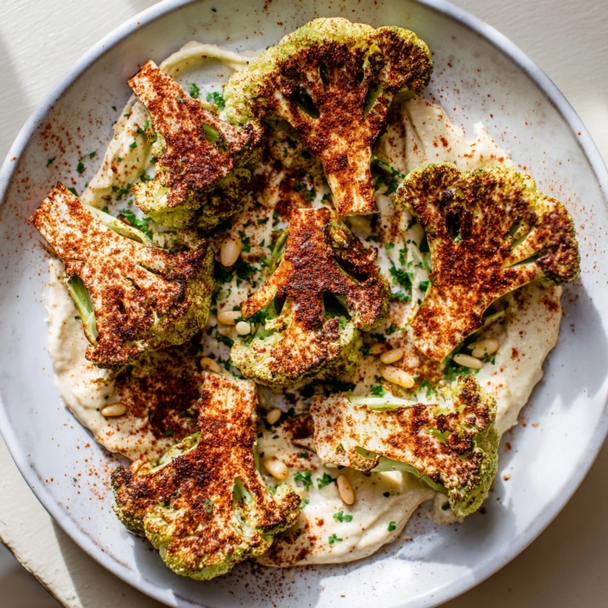Vibrant photo of roasted cauliflower steaks, showcasing a flavorful Middle Eastern-inspired tahini sauce.