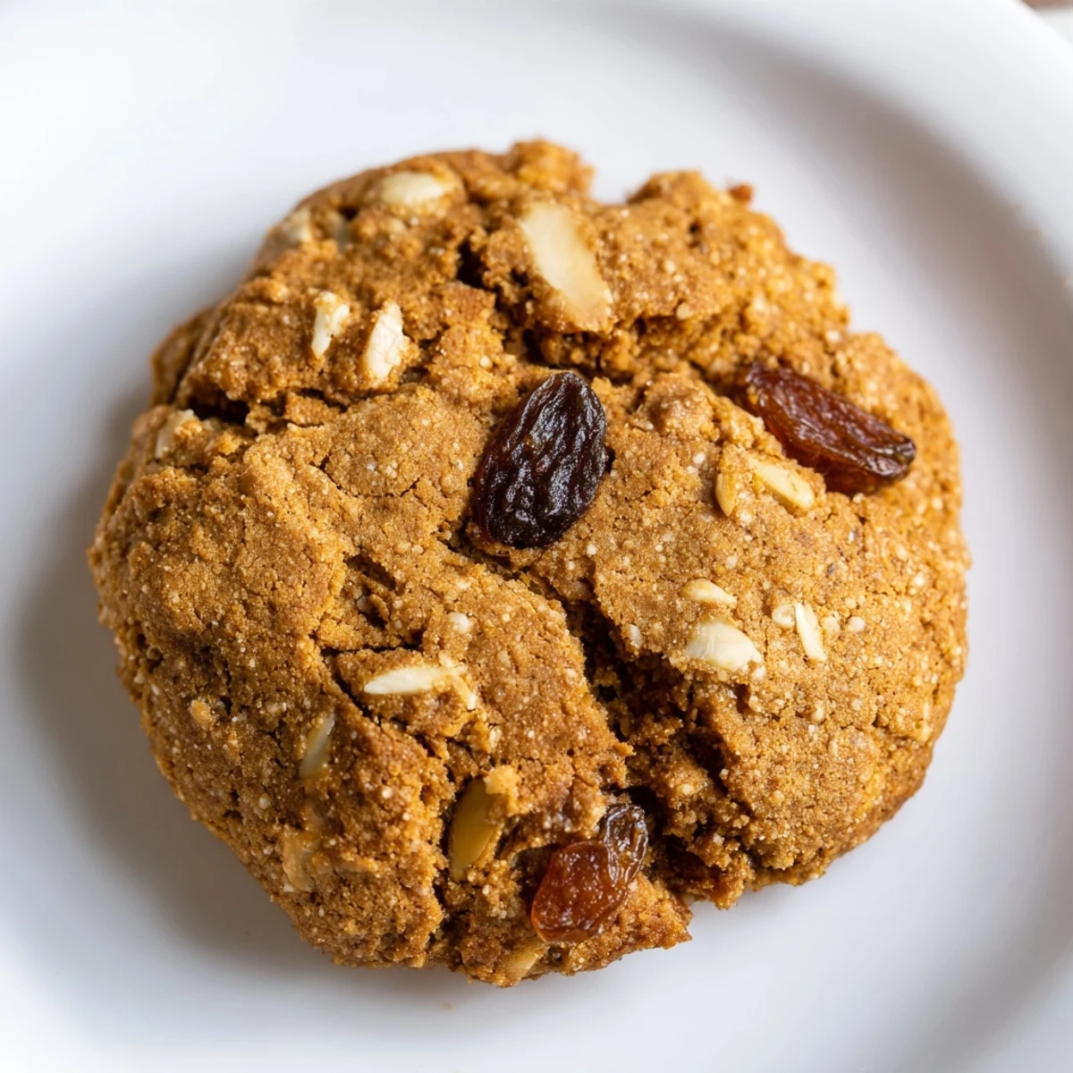 Golden, soft-baked oatmeal raisin breakfast cookies with visible plump raisins and a light dusting of cinnamon on top.