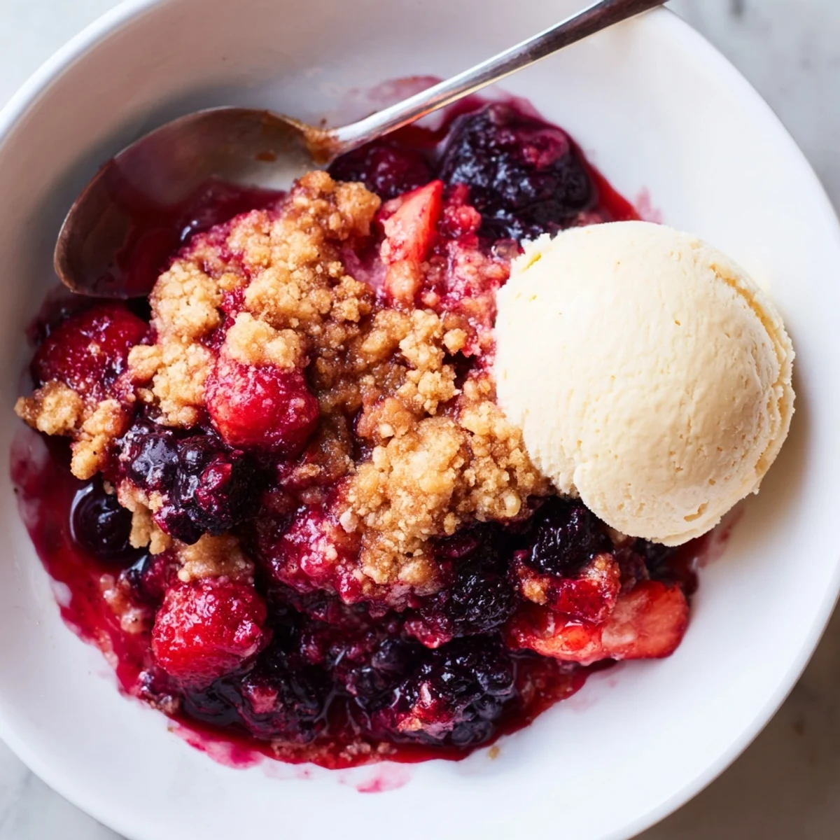 Golden, bubbly Rustic Summer Berry Cobbler served steaming hot, paired with creamy vanilla ice cream.