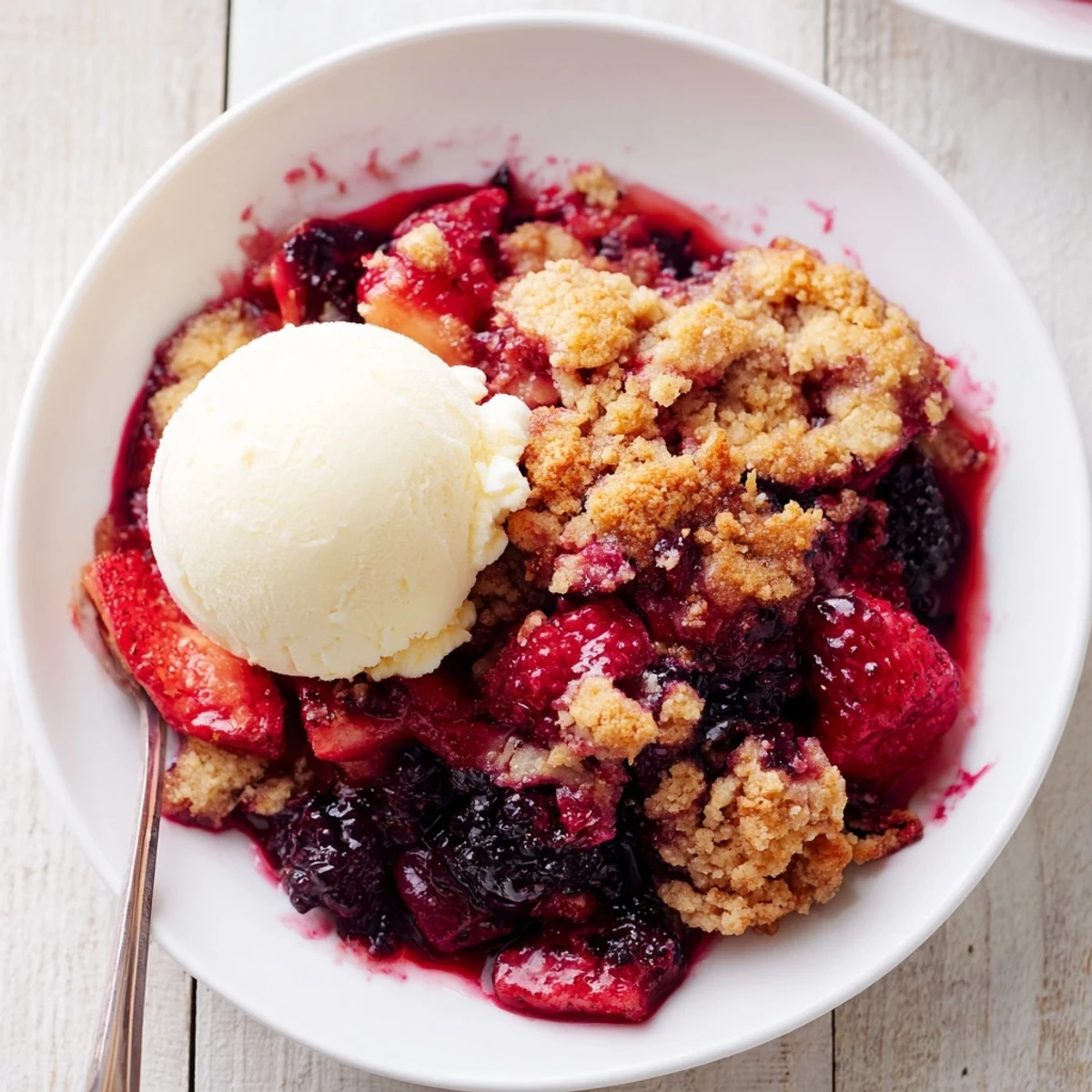 Warm Rustic Summer Berry Cobbler, topped with a crisp biscuit crust, ready to be enjoyed.