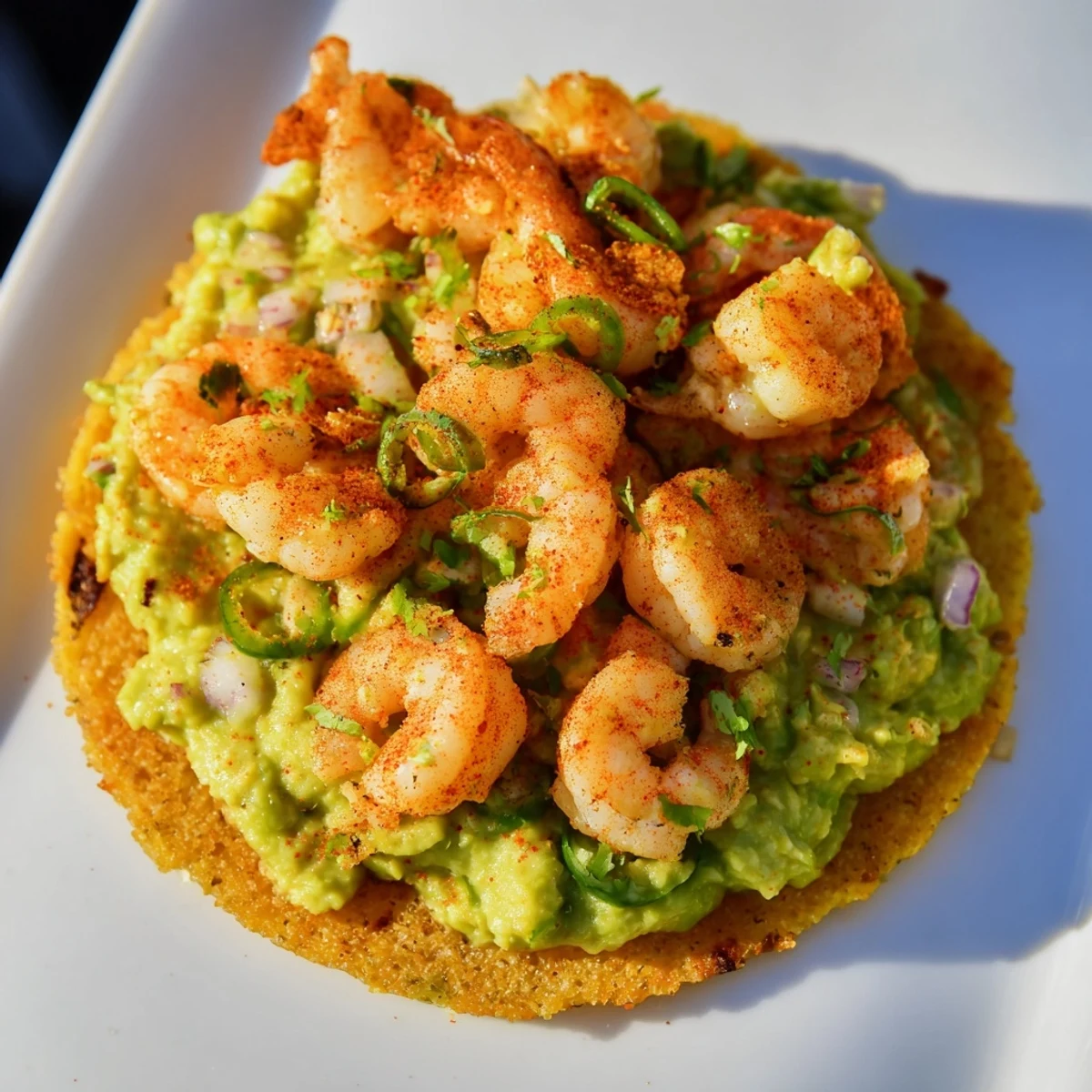 Vibrant Quick Shrimp and Avocado Tostadas, with pink shrimp and creamy avocado topping crispy corn.