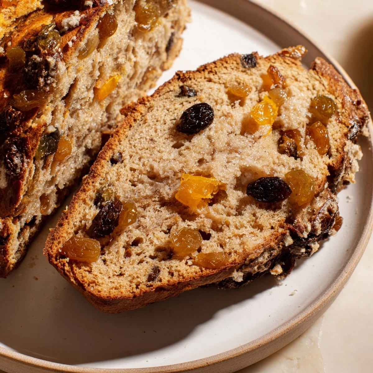 A close-up of a beautifully textured loaf of Homemade Cinnamon Swirl Raisin Bread with visible swirls and raisins.