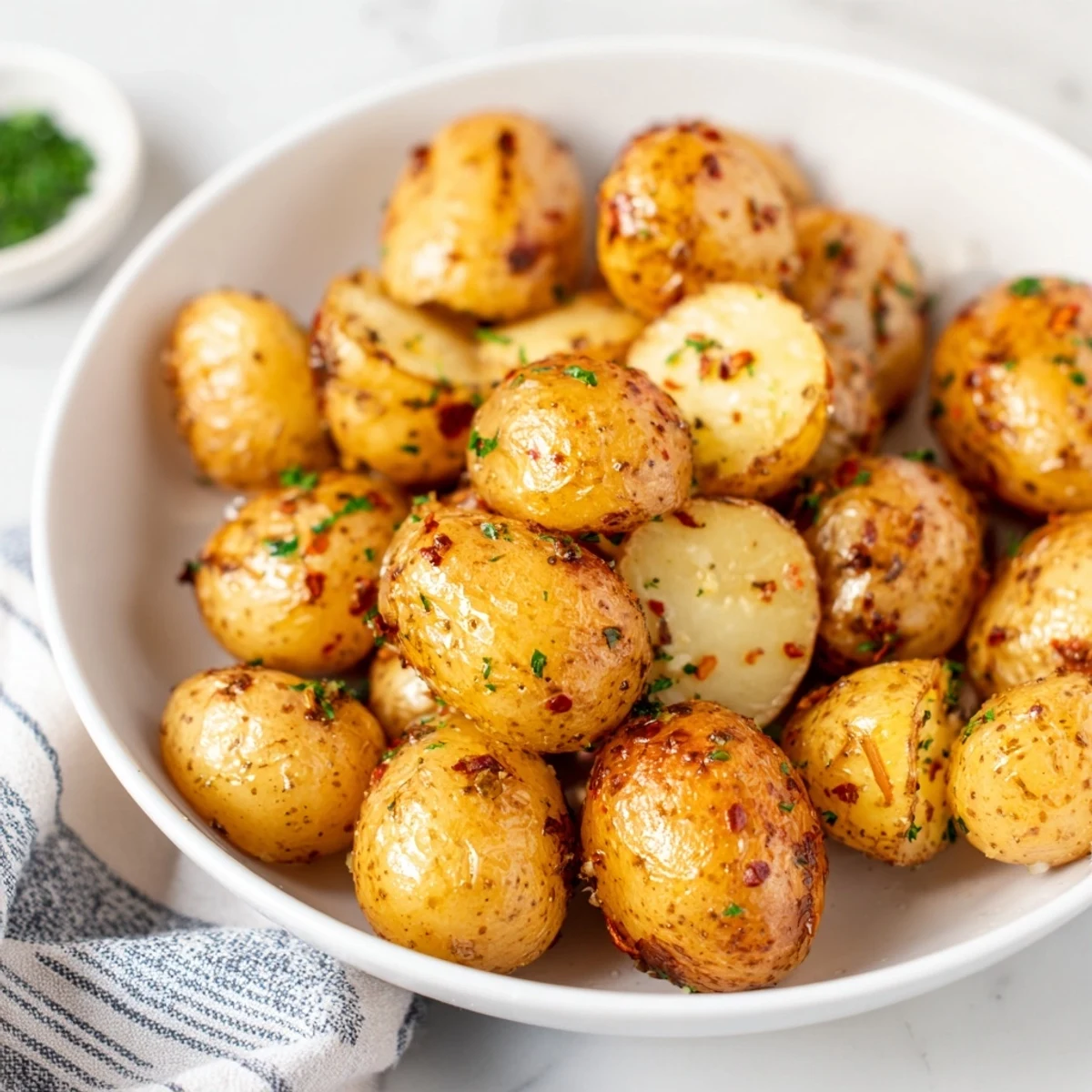 A close-up shot of perfectly golden, crispy garlic butter roasted smash potatoes, glistening with savory butter.