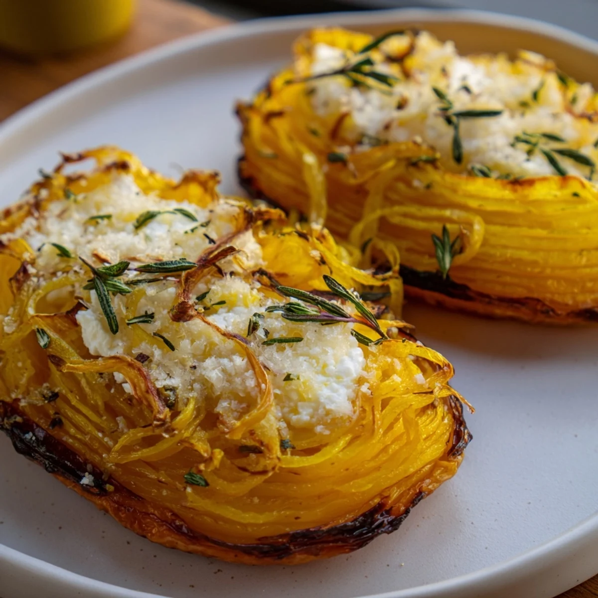 Golden, bubbly Decadent Caramelized Onion and Goat Cheese Tart, ready to serve for a delightful meal.