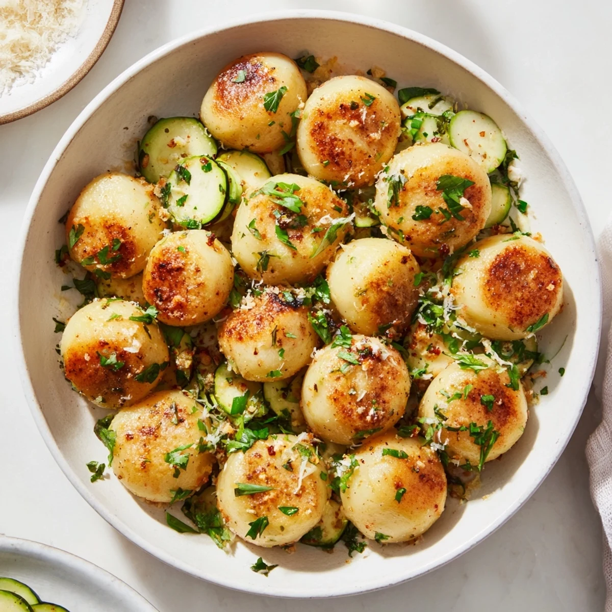 Sheet pan turkey meatballs with zucchini, tender zucchini rounds and juicy meatballs, ready to eat.