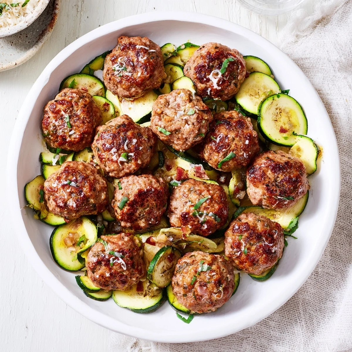 Sizzling sheet pan turkey meatballs surrounded by tender zucchini, perfect for a gluten-free meal.