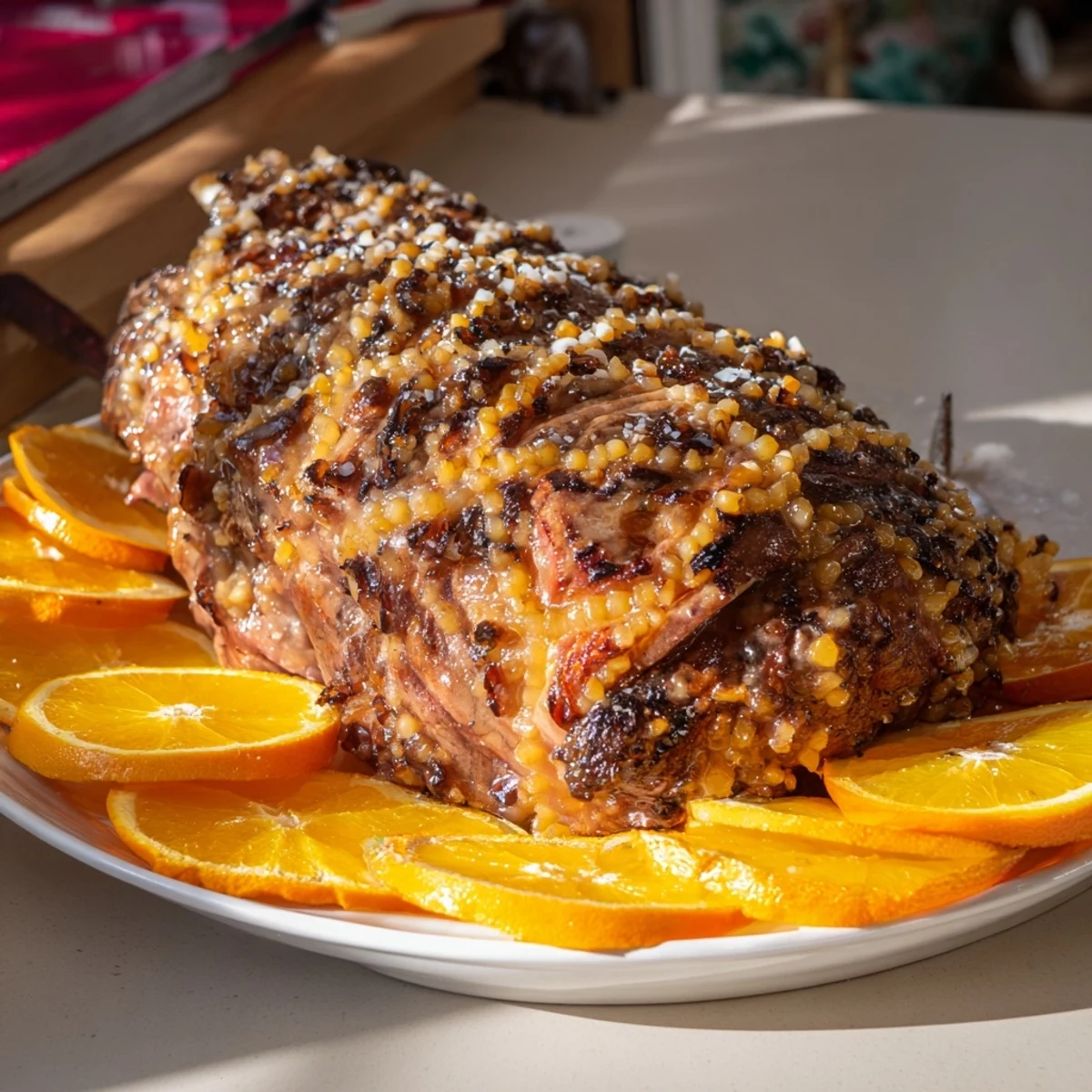 Golden-brown slow-cooked honey glazed ham, glistening atop a table, ready for a feast.