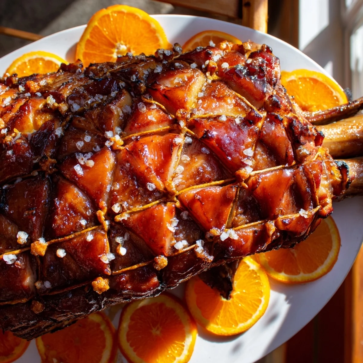 Tender, flavorful slow-cooked honey glazed ham, sliced and glistening, offering a savory-sweet delight.