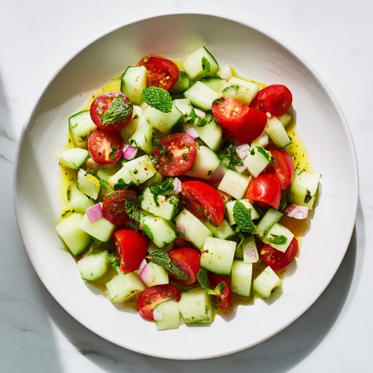 Fresh cucumber and chickpea salad with vibrant colors and zesty lemon mint dressing.