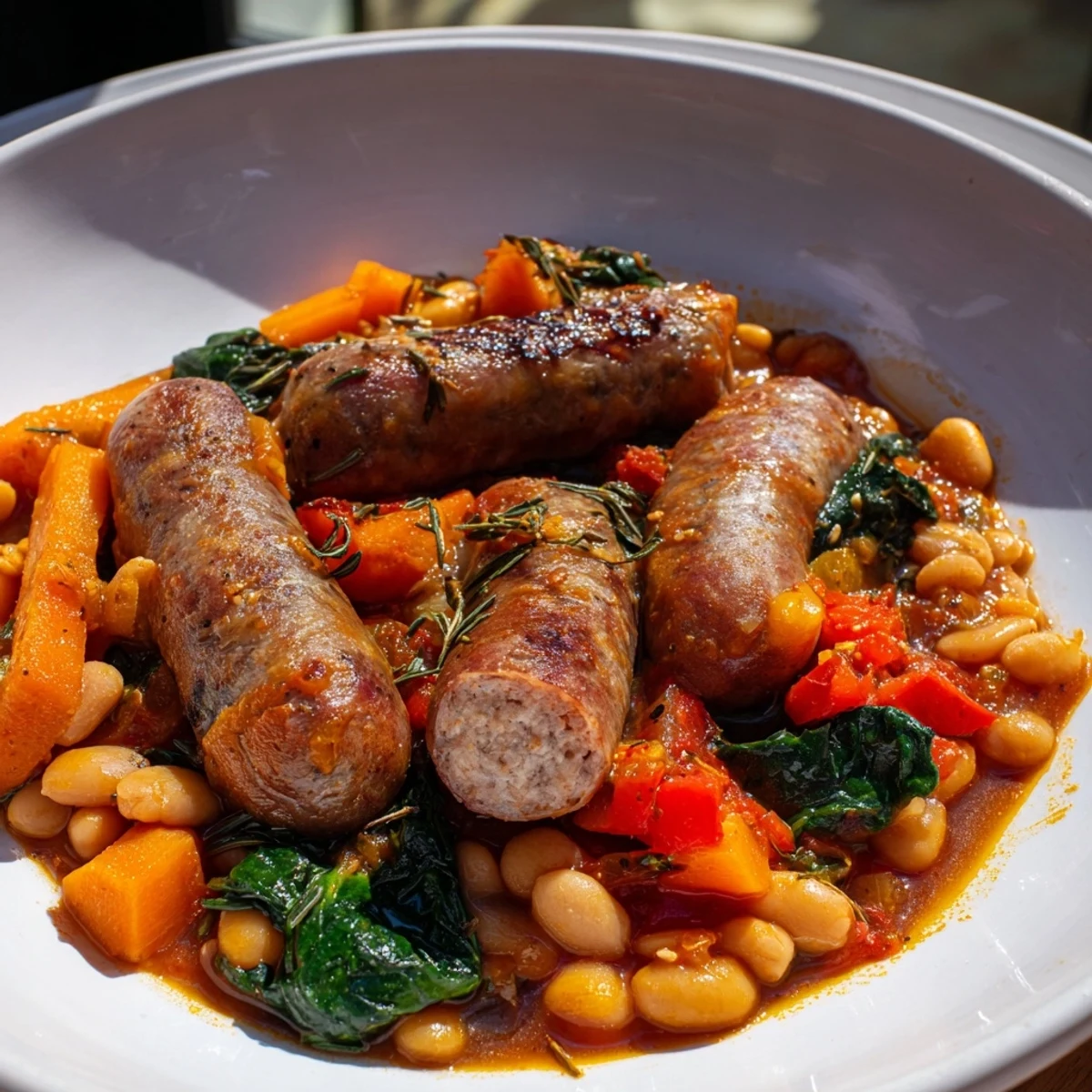 Savory One-Pot Sausage and White Bean Stew brimming with tender vegetables and hearty sausage.