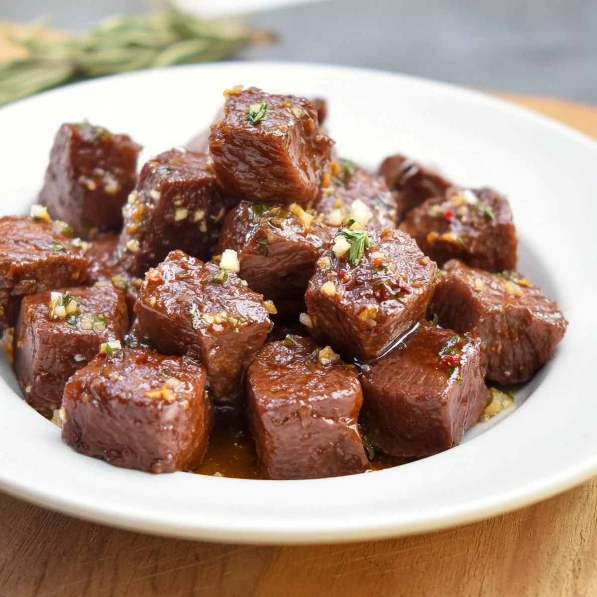 Sizzling skillet-seared steak bites glistening in rich garlic butter, ready to be enjoyed.