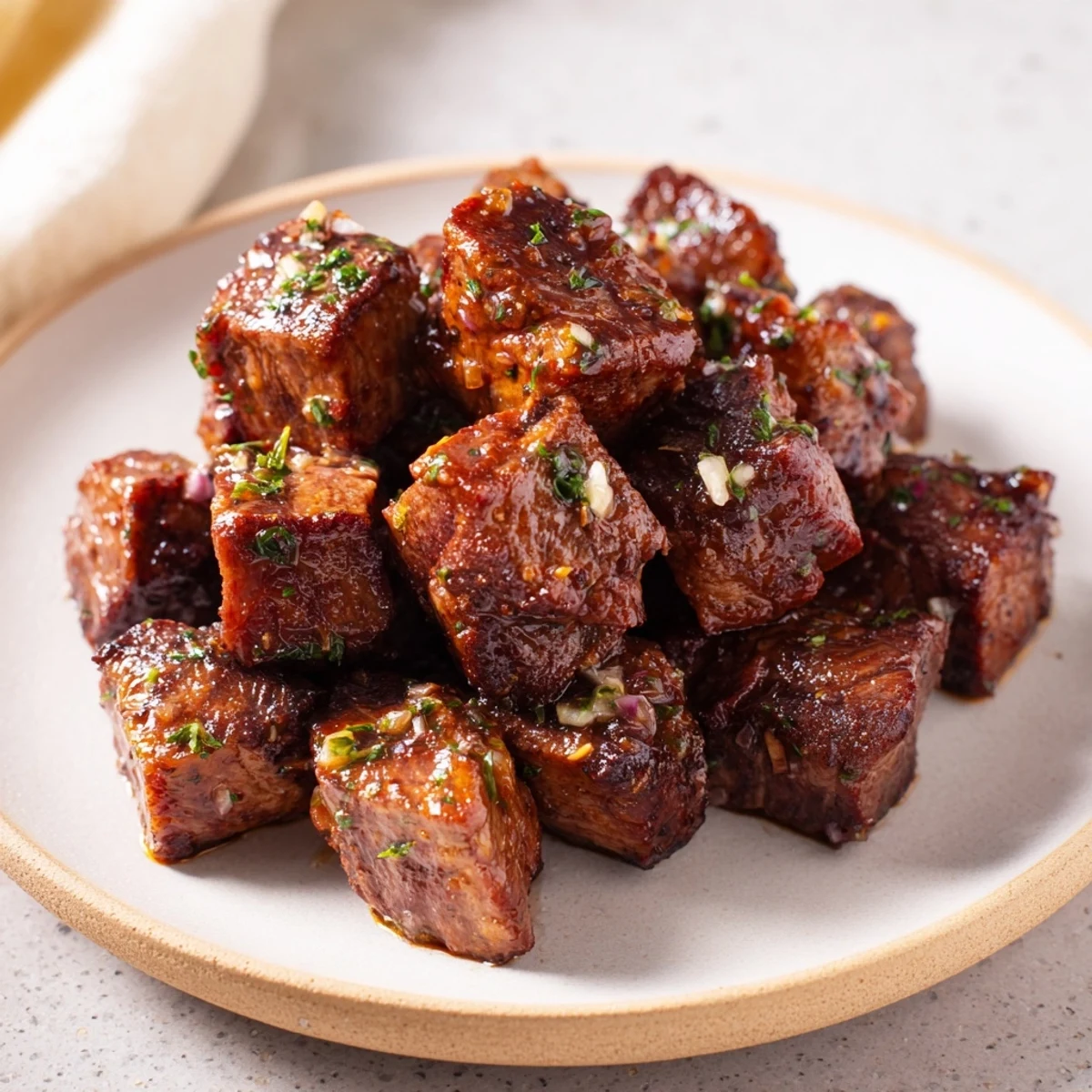 Golden-brown skillet-seared steak bites, perfectly seasoned and coated in a flavorful garlic butter sauce.
