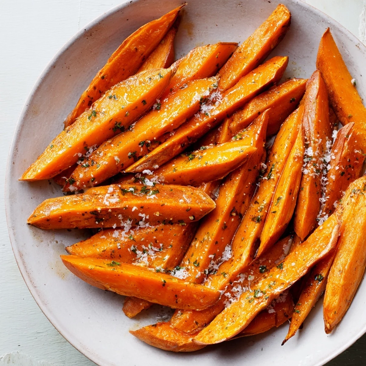 Golden brown, crispy oven-baked sweet potato wedges, perfectly seasoned and ready to enjoy as a side.