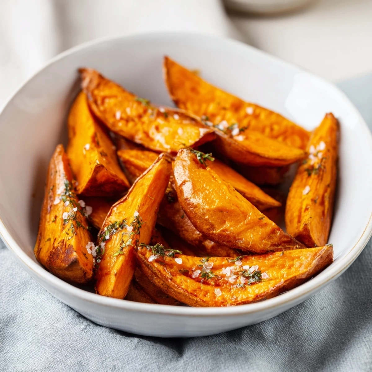 A close-up of beautifully baked sweet potato wedges, offering a satisfying crunch with every bite.