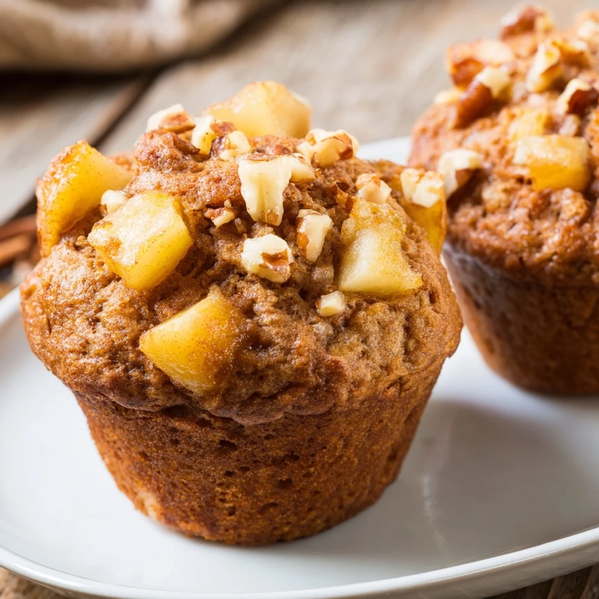 Golden, domed Seasonal Spiced Pear and Walnut Muffins with a sprinkle of walnuts, ideal for breakfast.