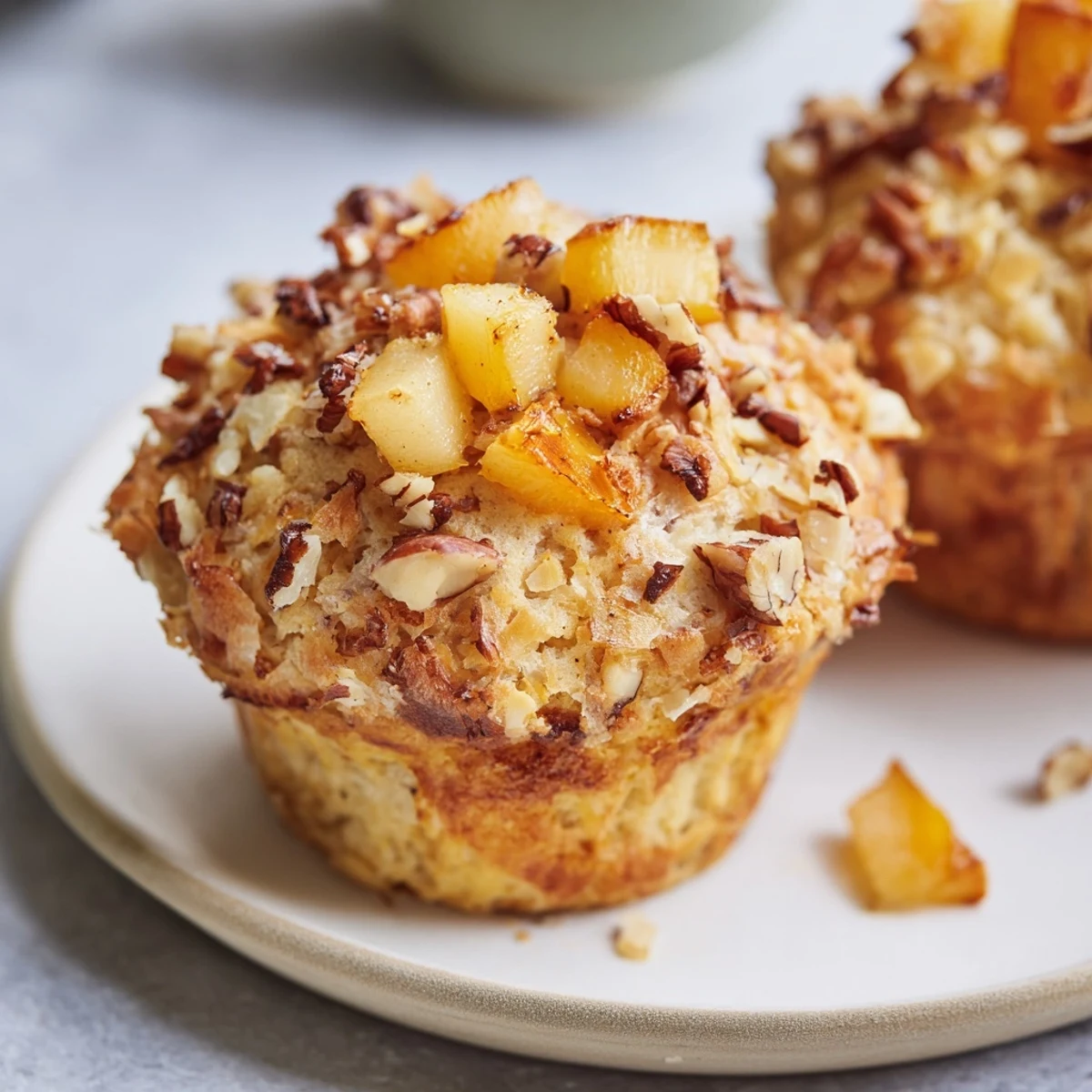 Beautiful close-up of freshly baked Seasonal Spiced Pear and Walnut Muffins, still warm after cooking.