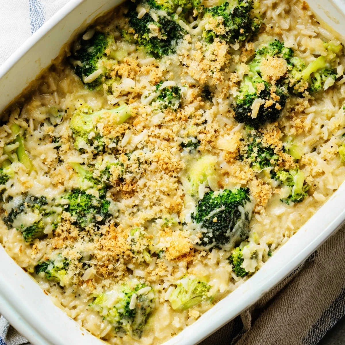 Golden brown Cheesy Broccoli and Rice All-in-One Bake, a comforting family meal ready to enjoy.