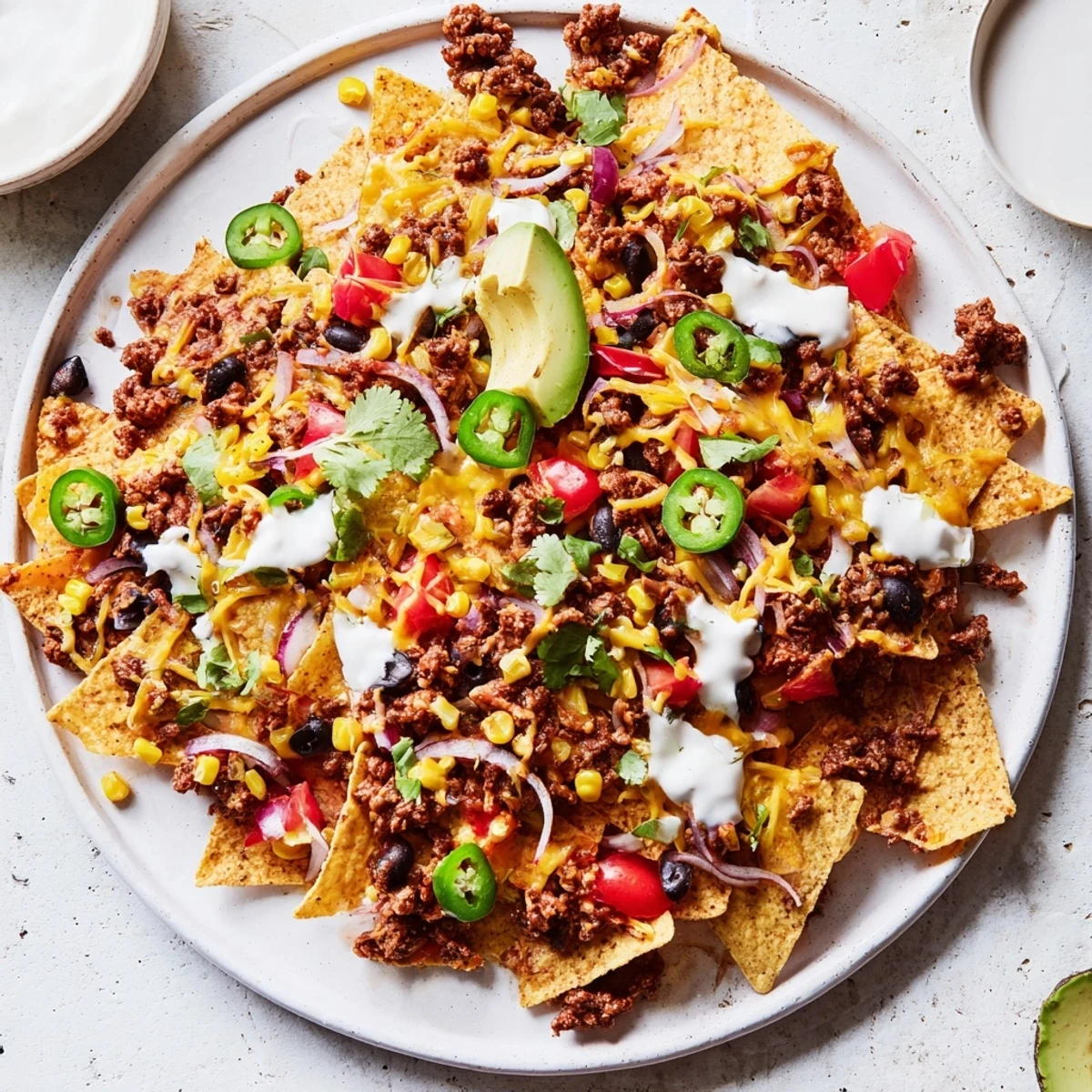 Sheet pan beef nachos, a flavorful masterpiece with melted cheese and fresh, colorful toppings.