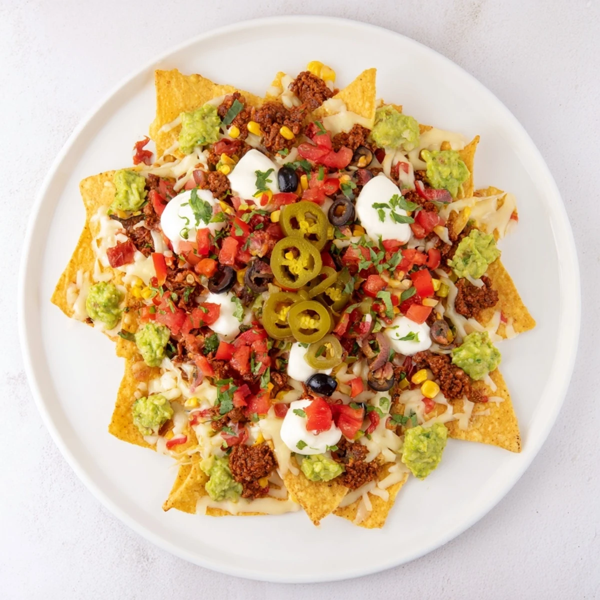 A generous serving of classic sheet pan beef nachos, showcasing the layers of texture and deliciousness.