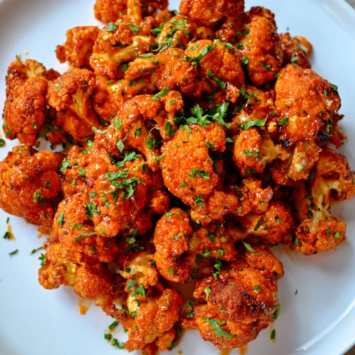 Golden-brown Sriracha-Buffalo Cauliflower Bites, crispy and glistening, ready for dipping on a plate.