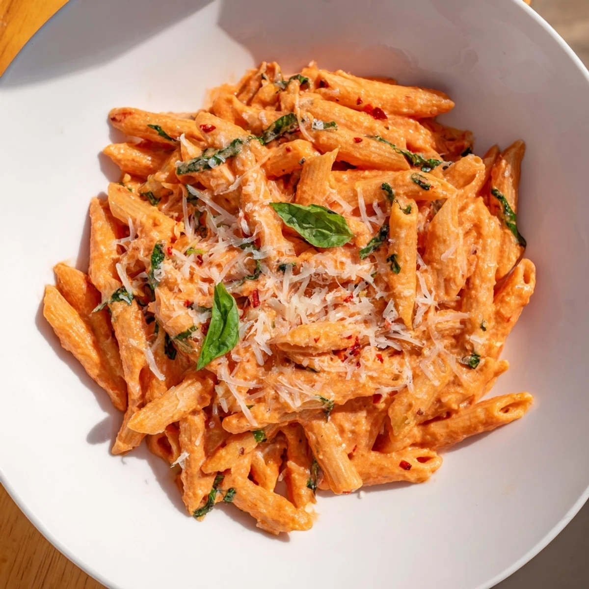 Steaming Basil Garlic One-Pot Creamy Tomato Pasta, swirled with parmesan and fresh basil.