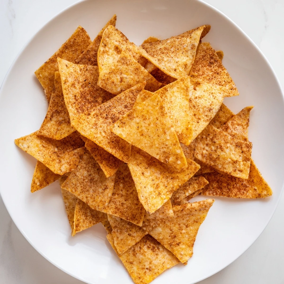 Golden, crispy homemade Air-Fryer Tortilla Chips, perfect for scooping up fresh salsa and guacamole.