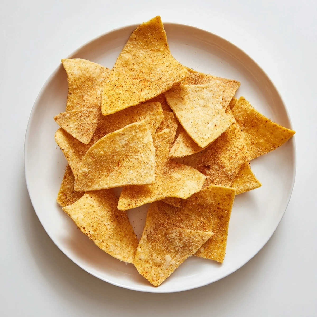 Close-up of freshly air-fried tortilla chips, lightly seasoned and ready to eat with your favorite dips.