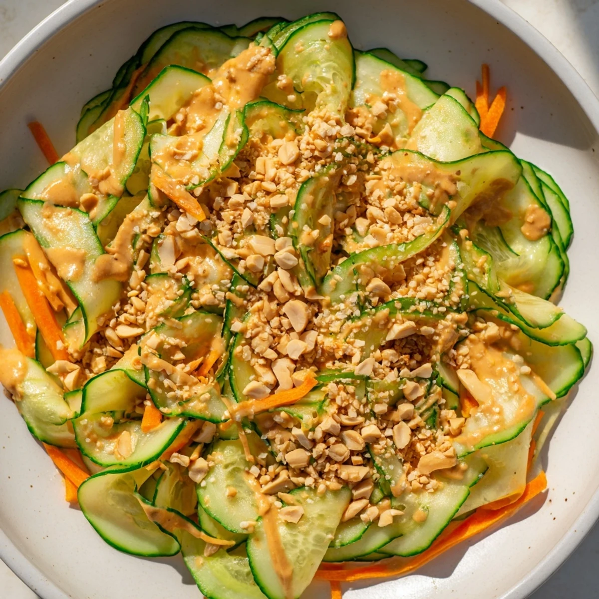 Vibrant Thai-Style Peanut Cucumber Salad, with crunchy cucumbers, carrots, and a creamy, peanut dressing.