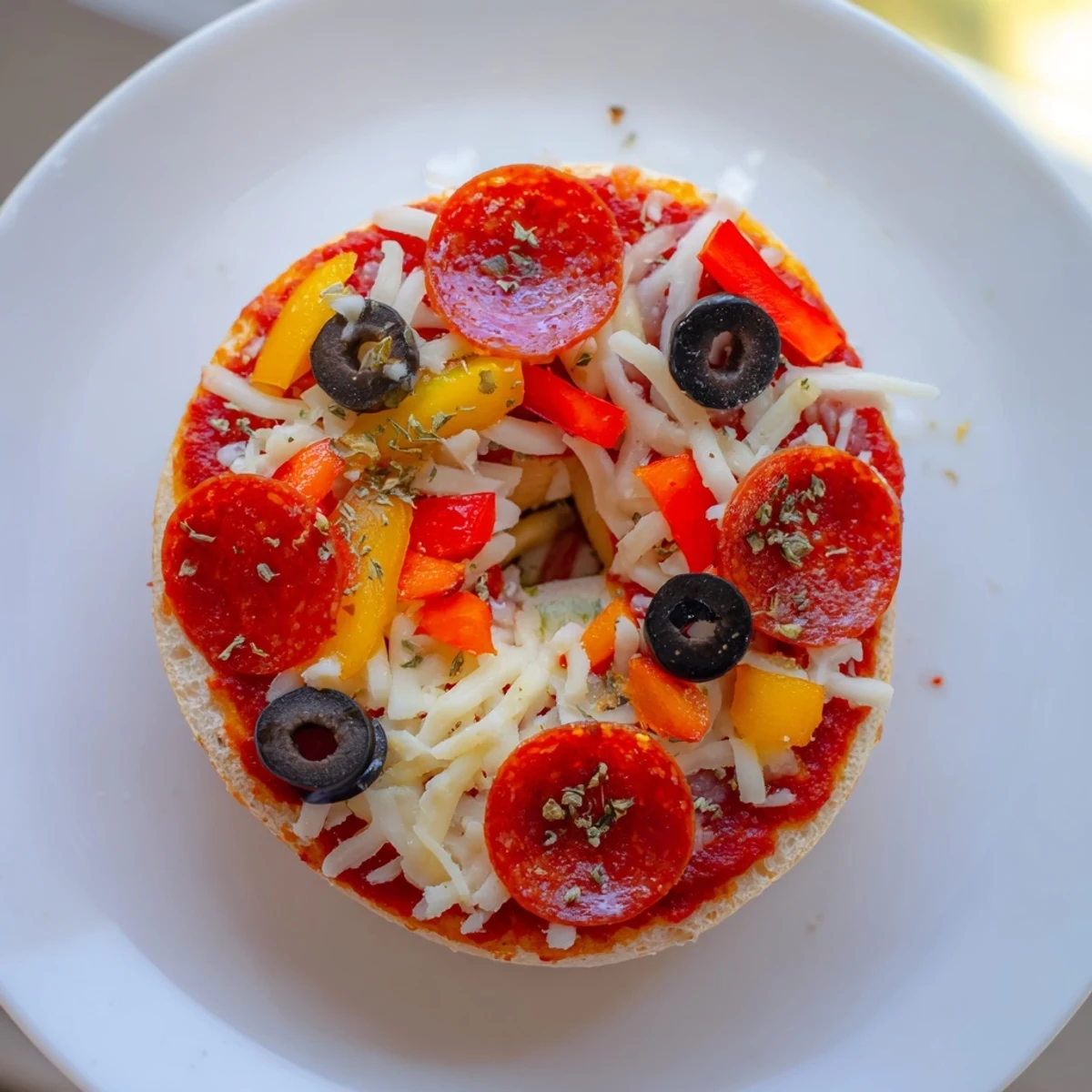 A close-up of cheesy mini bagel pizzas ready to eat, a fun and easy recipe.
