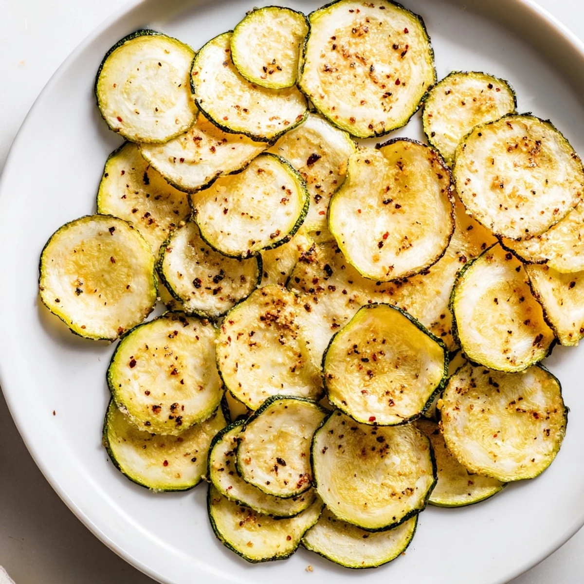 Golden-brown Crispy Zucchini Chips, perfectly crunchy, seasoned, and ready for a satisfying, guilt-free snack.