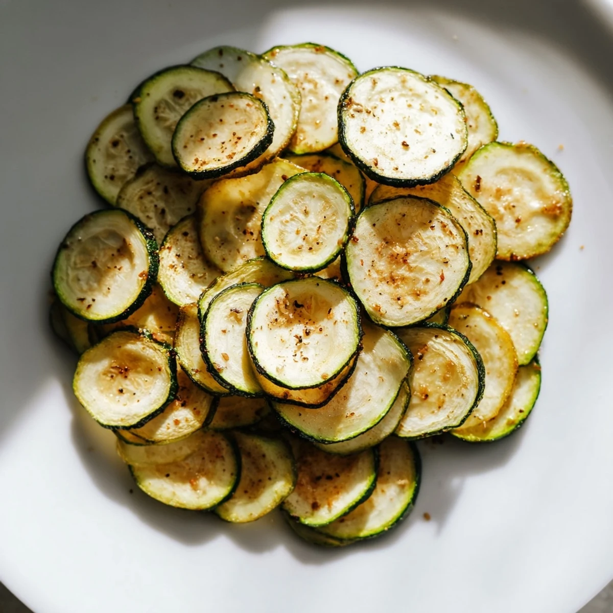 A close-up of baked, crispy zucchini chips, showing their delightful texture and savory appeal.