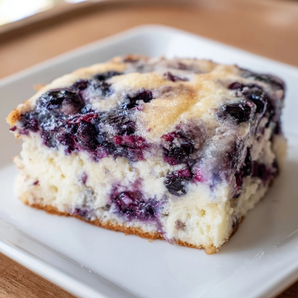 A warm, creamy slice of Blueberry Cottage Cheese Bake, studded with plump blueberries, and waiting to be enjoyed.