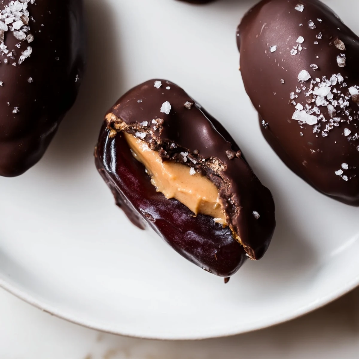 Sweet and salty: Flaky sea salt sprinkled on delicious Chocolate Peanut Butter Dates, a healthy snack idea.