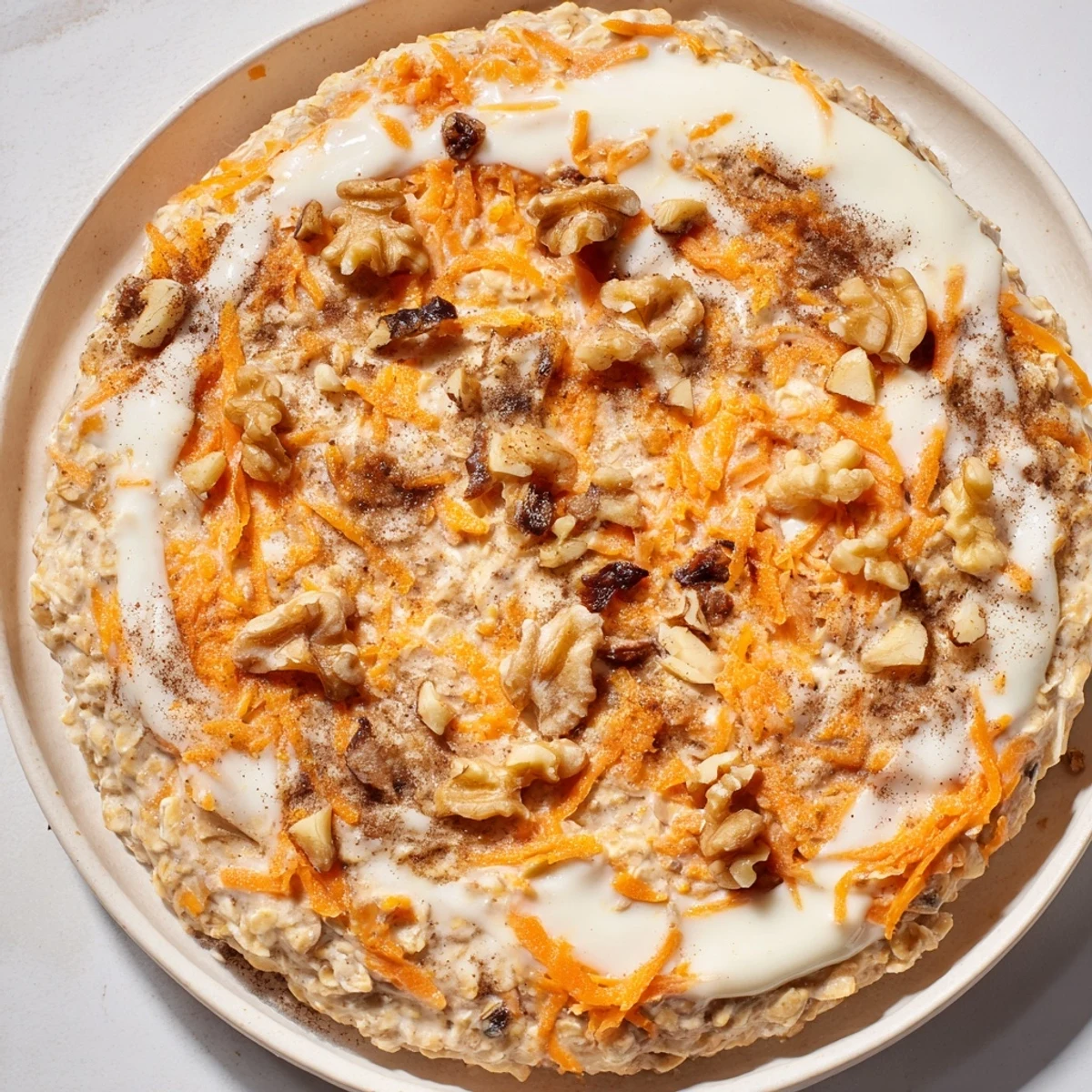 A chilled jar of Carrot Cake Overnight Oats shows sweet, spiced goodness ready to eat in the morning.