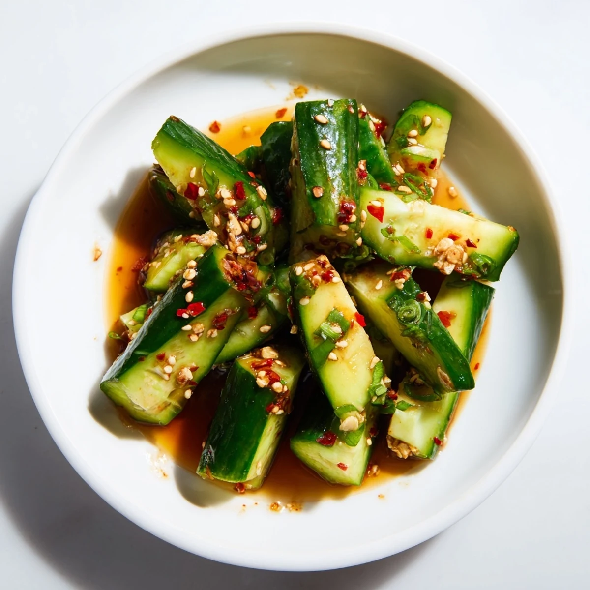 Spicy Smashed Cucumber Salad: Bright, glistening cucumber pieces tossed in a vibrant, chili-infused dressing.
