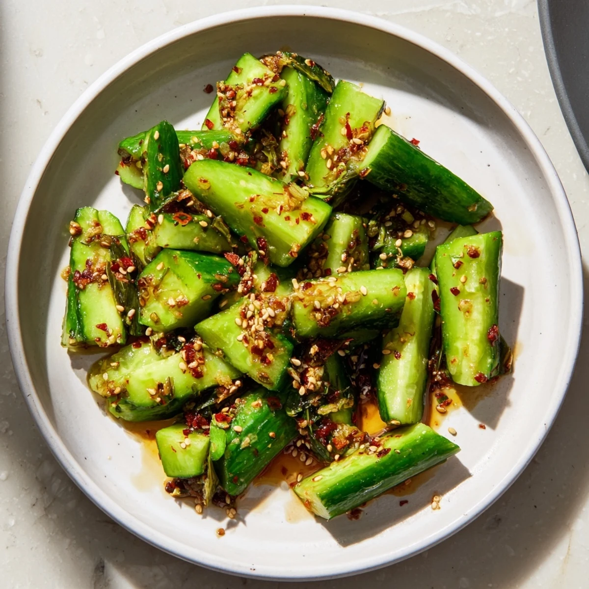 This Chinese Spicy Smashed Cucumber Salad shows refreshing chilled cucumber chunks with sesame seeds sprinkled on top.