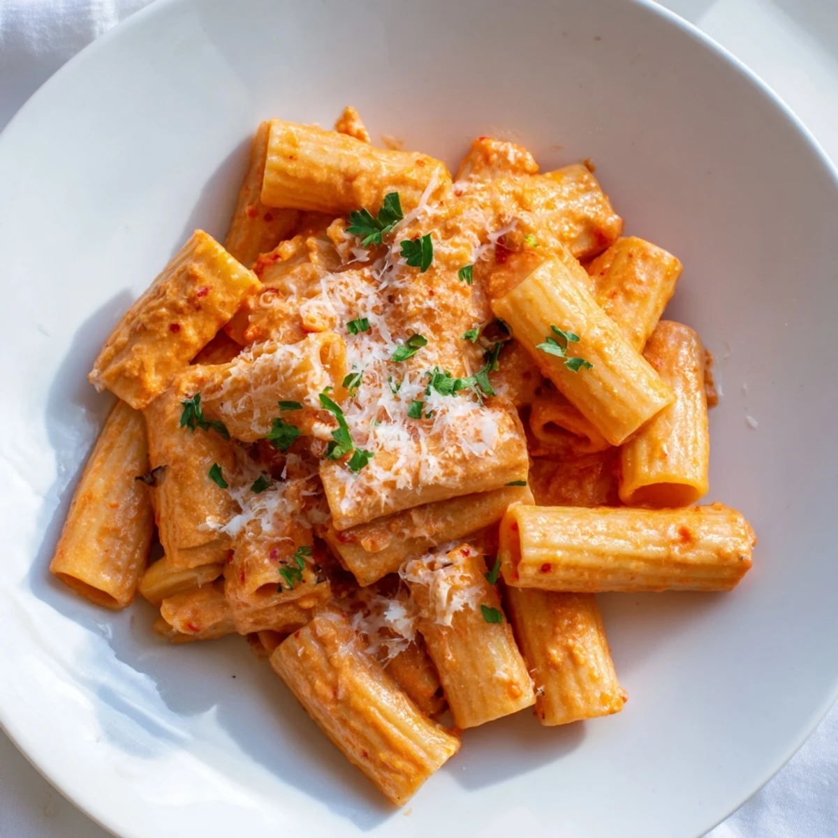 Golden-brown rigatoni pasta coated in a vibrant, spicy, and creamy Gigi Hadid-Style Rigatoni dish.