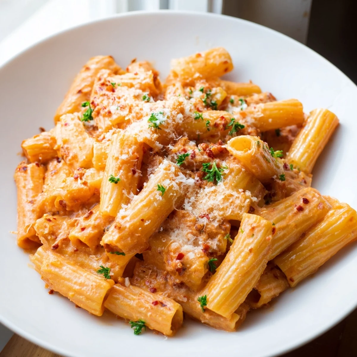 Steaming bowl of Gigi Hadid-Style Spicy Rigatoni, creamy tomato sauce, garnished with fresh parsley.