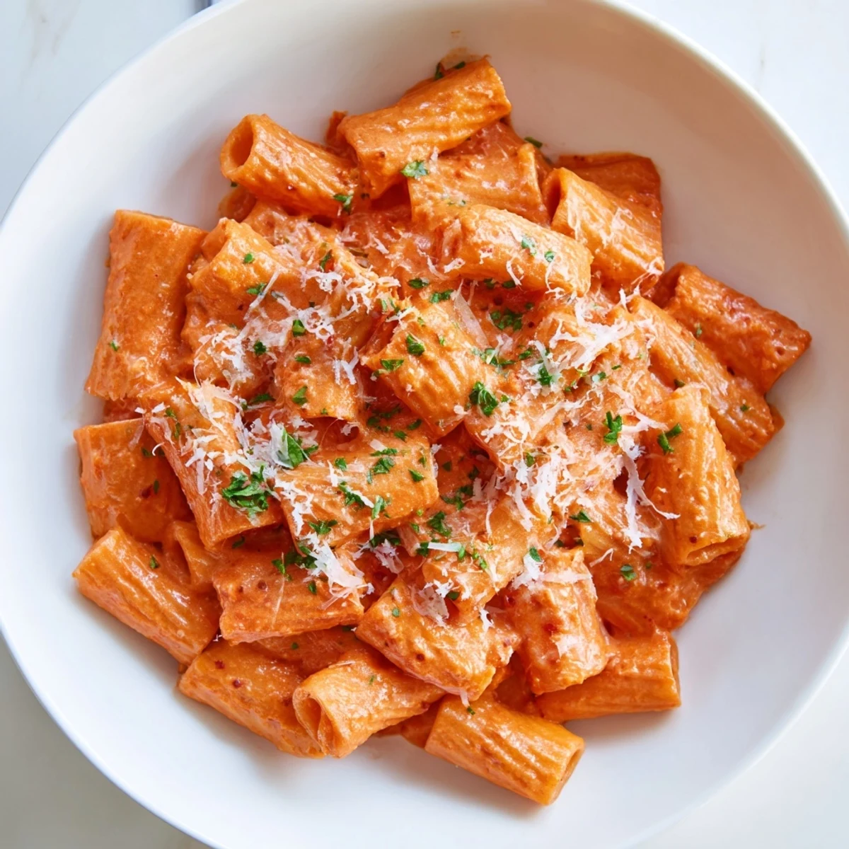 A close-up view of Gigi Hadid-Style Spicy Rigatoni, beautifully plated, with Parmesan cheese sprinkled on top.