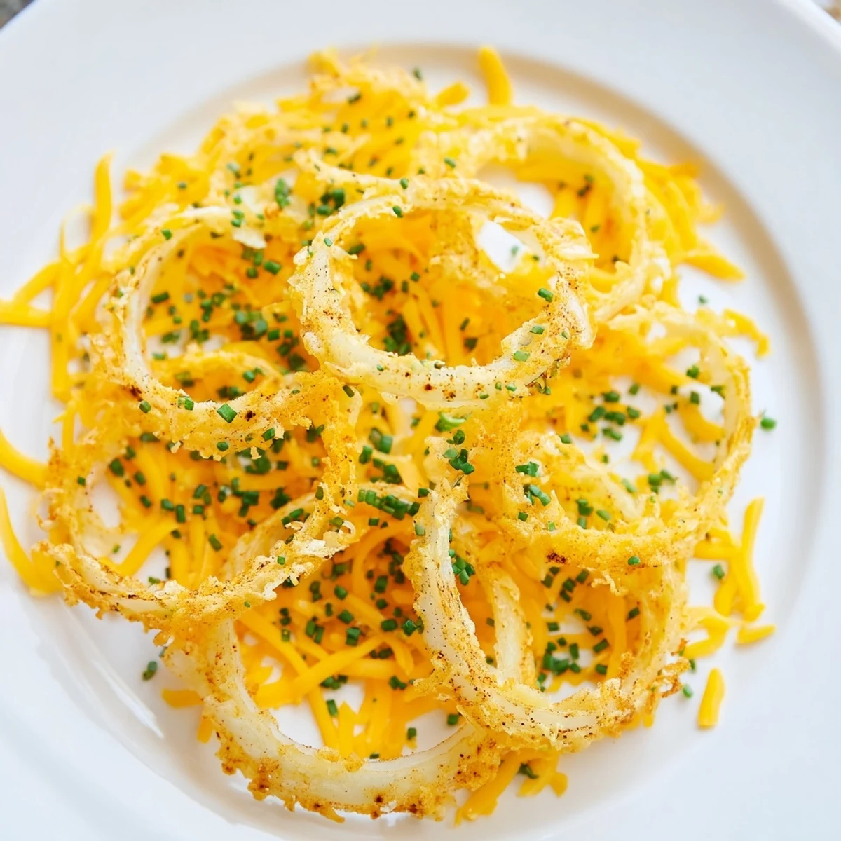 Golden, bubbly Crispy Onion Cheese Chips with cheese melting over layers of crispy, golden onions.