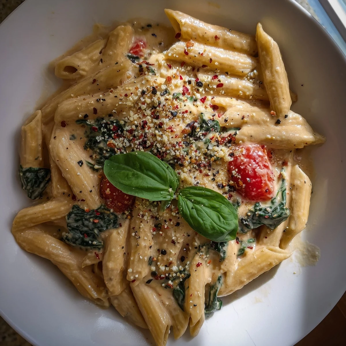 Steaming bowl of creamy Cottage Cheese High-Protein Pasta with spinach and fresh basil garnish.