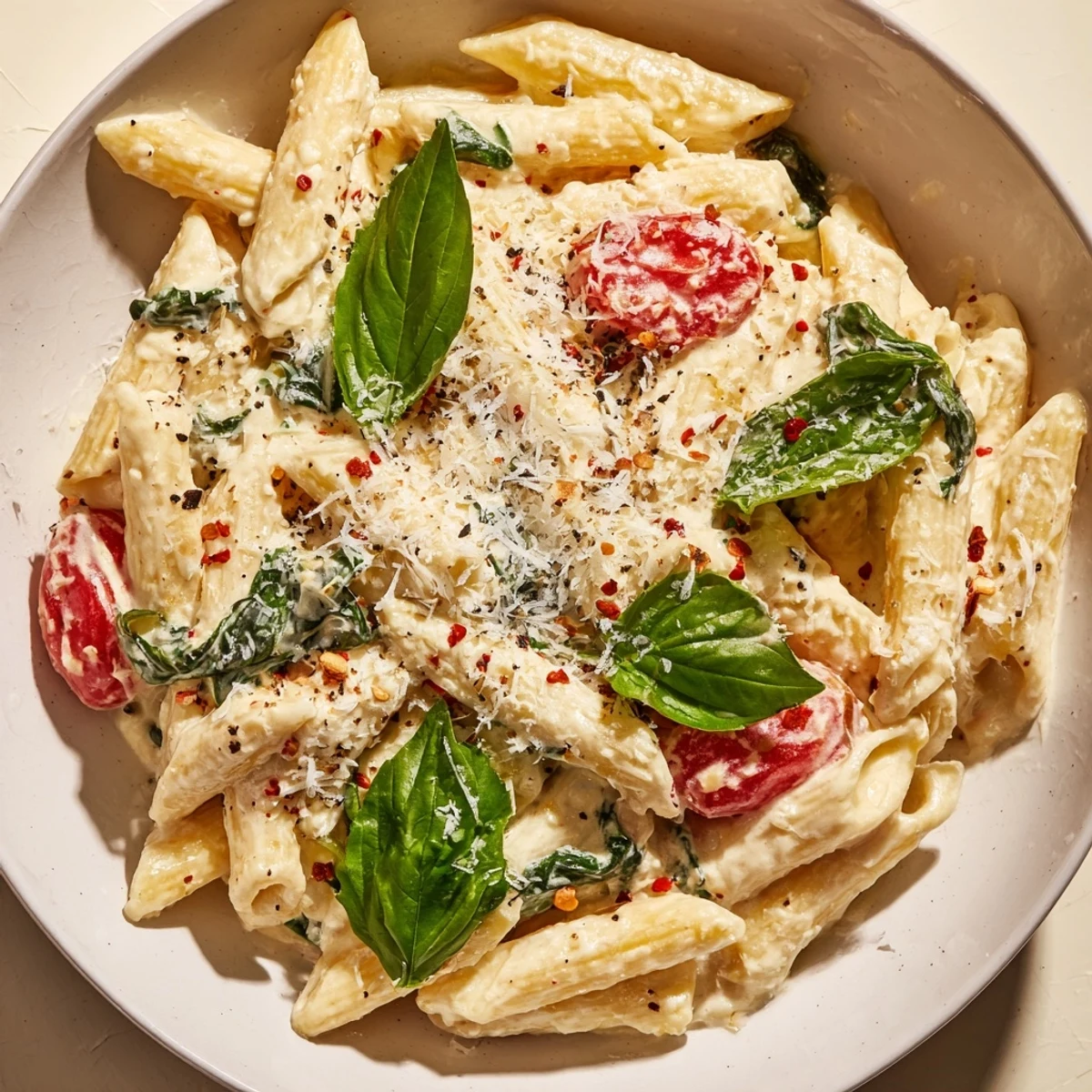 A close-up of finished Cottage Cheese High-Protein Pasta, showing the velvety texture and tomatoes.