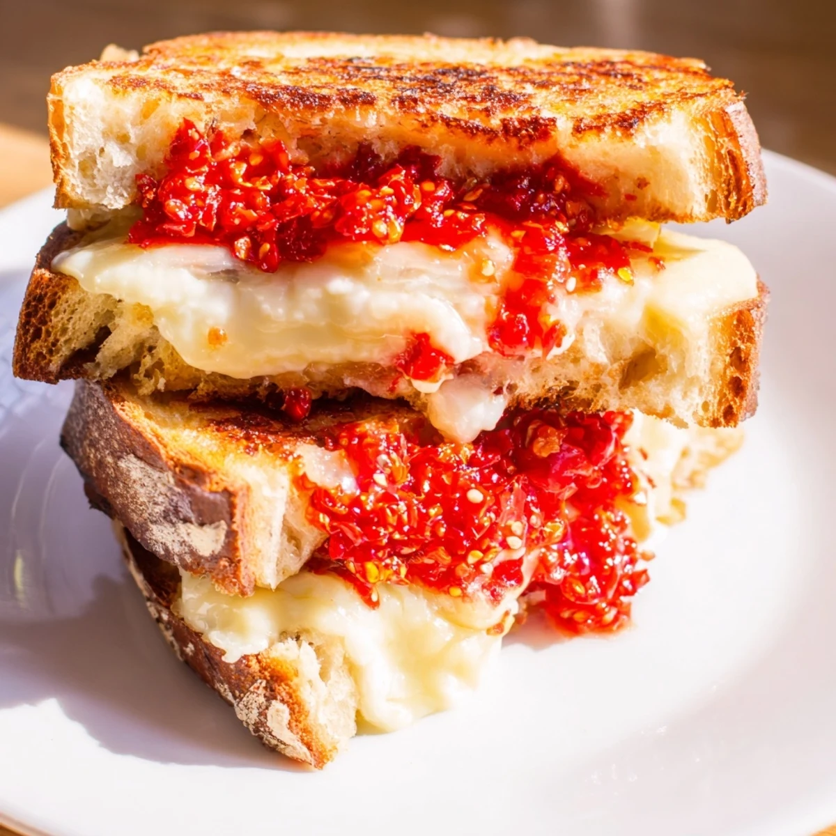 Golden brown Brie and Chili Crisp Grilled Cheese oozes rich, melted brie with crunchy chili crisp topping.