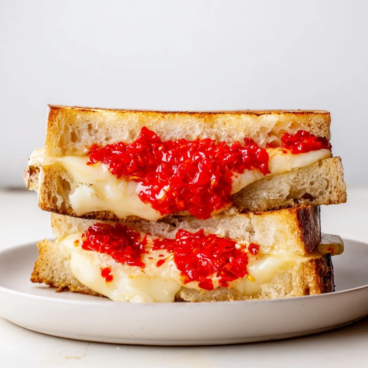 Buttery sourdough enveloping melted brie, kissed by spicy chili crisp in this exquisite grilled cheese recipe.
