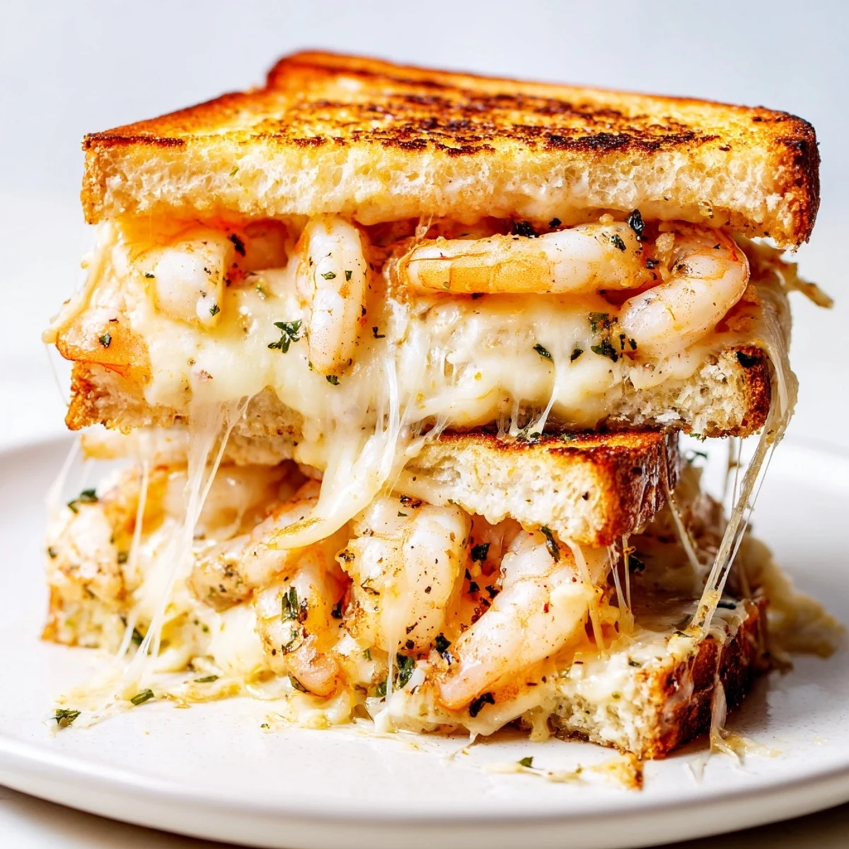 This Quick Shrimp Grilled Cheese shows a close-up of the perfectly toasted sourdough, overflowing with shrimp and cheese.