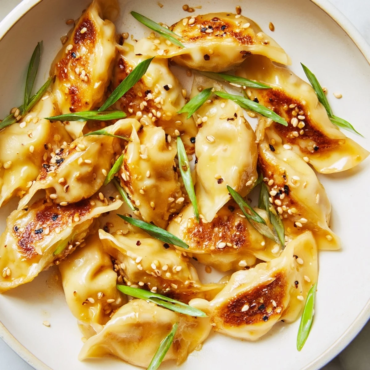Golden brown air fryer frozen dumplings glistening with a savory sesame oil based glaze, ready to serve.