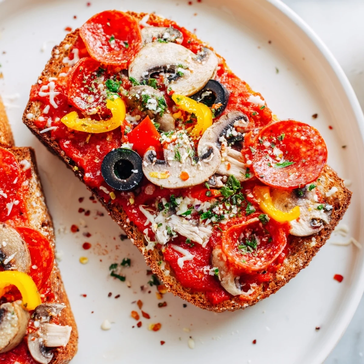 Golden, bubbly cheese melts atop crispy Air Fryer Pizza Toast, a quick and satisfying snack.