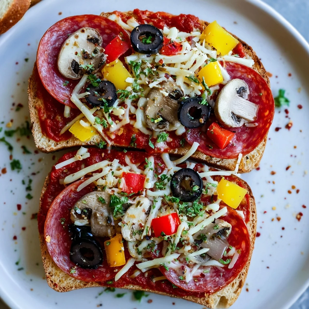 Close-up of bubbling cheese on Air Fryer Pizza Toast, an easy weeknight meal idea, Italian-inspired.