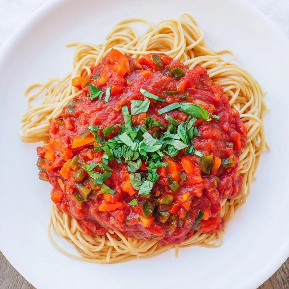Rich, homemade Veggie-Loaded Tomato Pasta Sauce, perfect for a weeknight dinner, with a hint of fresh basil.