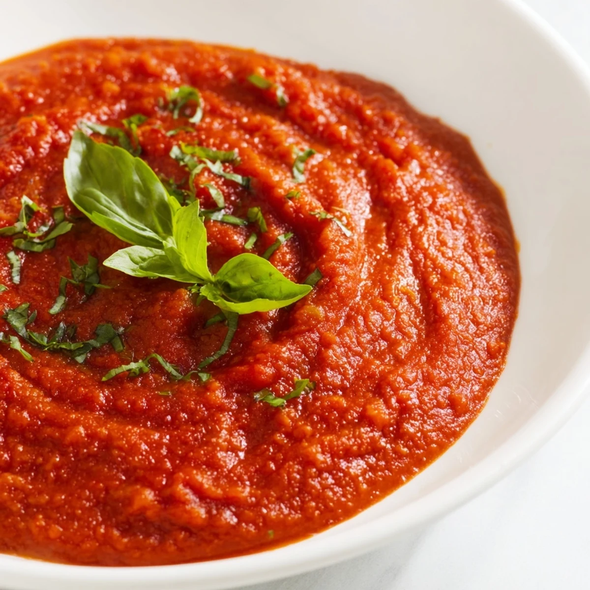 A close-up of a rustic bowl filled with Veggie-Loaded Tomato Pasta Sauce, glistening and inviting.